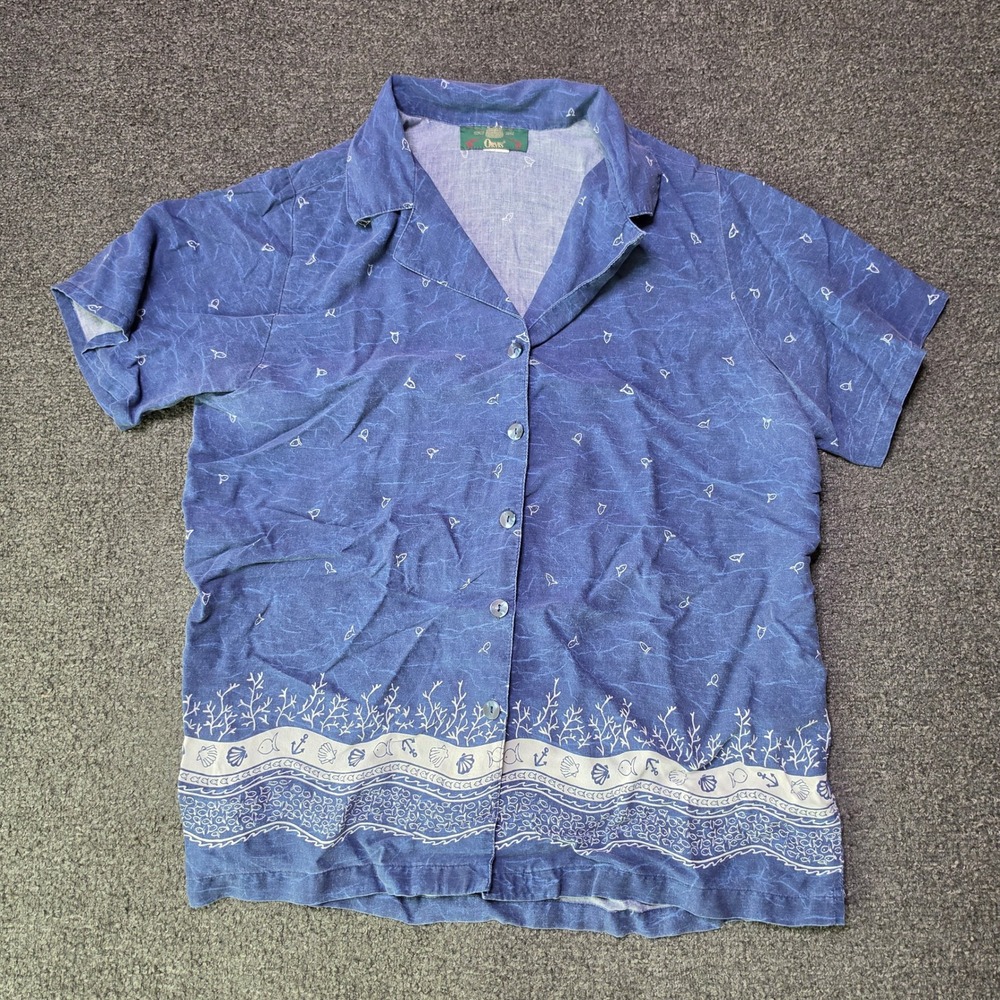 Vintage Orvis Hawaiian Shirt Blue Mens Large Coastal Nautical Short Sleeve USA